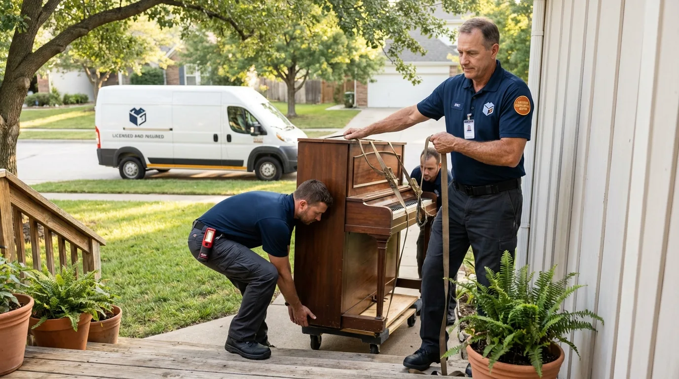 Licensed piano movers securing grand piano in Holly, MI