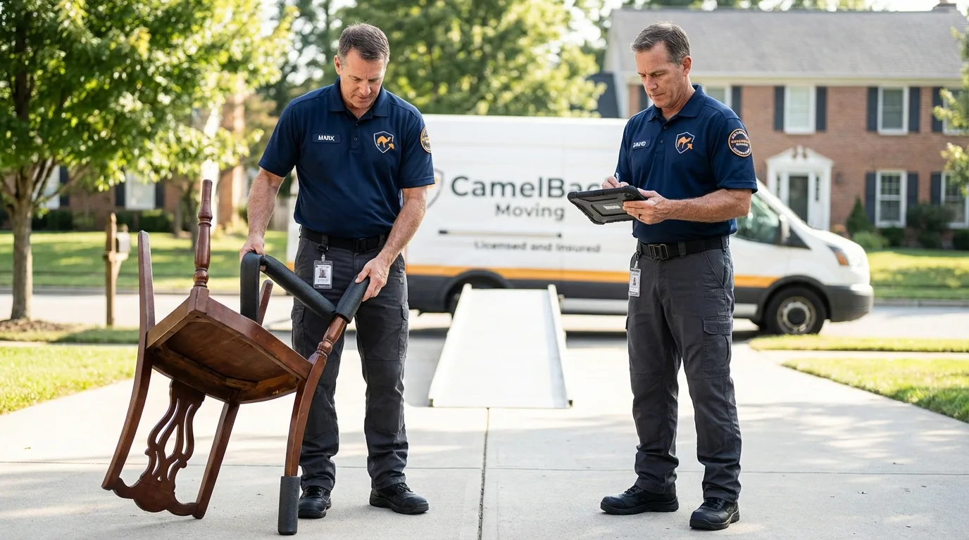 Movers inspecting furniture for damage prevention before loading in Holly, MI