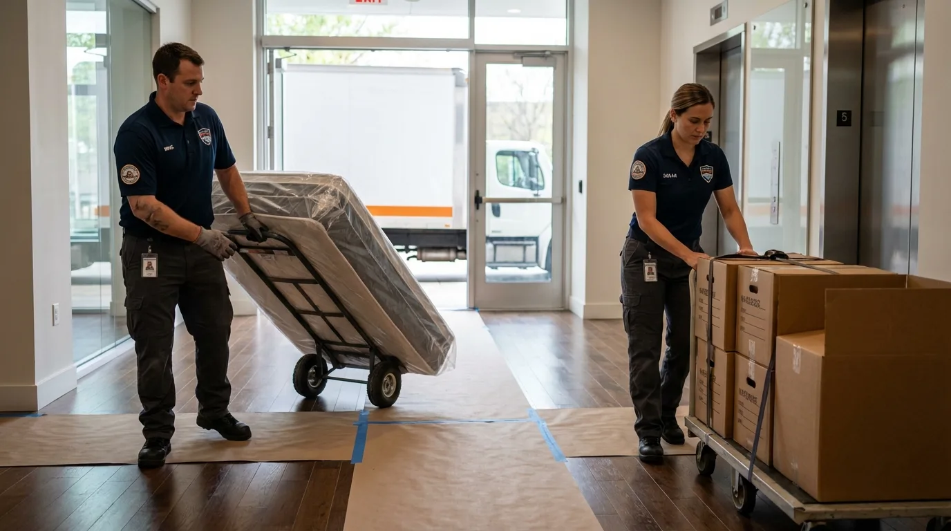 Professional apartment movers loading elevator in Holly, MI